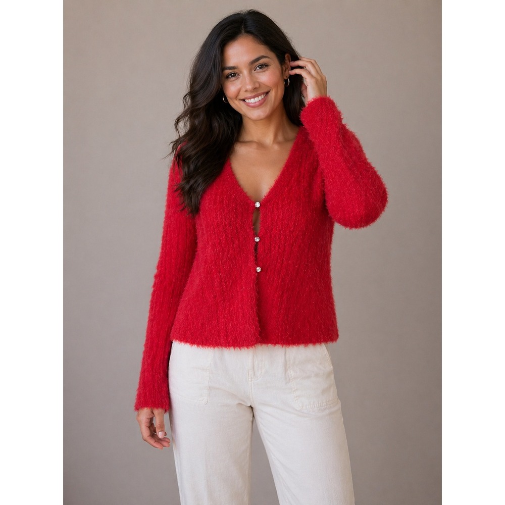 Happily Grey- Vibrant Red Knit Cardigan with V-Neck Size XL